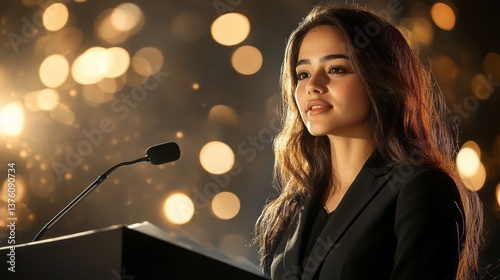 Portrait of a beautiful young business woman leader giving a speech at a podium, on stage with a golden lights background. 