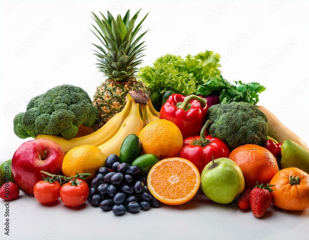 Group of fresh fruits and vegetables isolated on white background, Group of fresh fruits and vegetables isolated on white background,