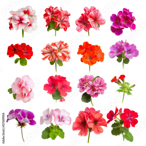 A Beautiful Collection of Colorful Geranium Flowers with Varied Petal Patterns and Shades Perfect for Floral Arrangement or Decoration