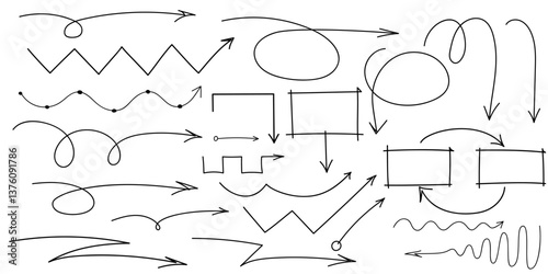 Hand drawn arrows, highlight, text underline strokes and emphasis marks. Set of Sketches of arrows, ellipse, rectangle, oval and mark. Collection of vector doodle elements and shapes for notes