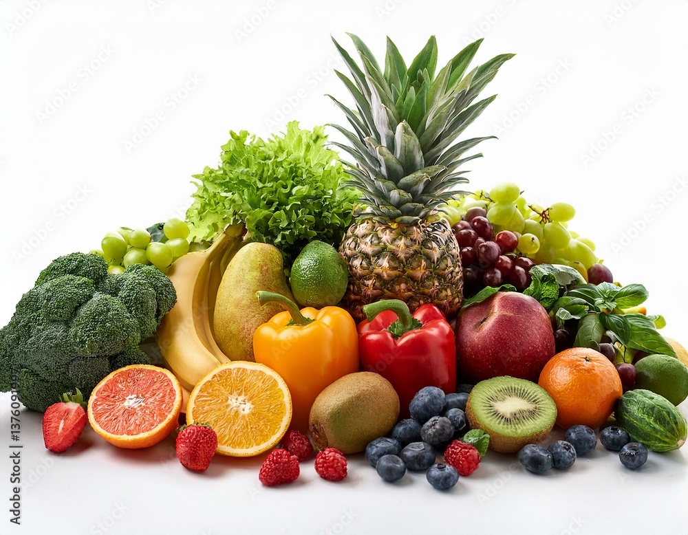 Group of fresh fruits and vegetables isolated on white background, Group of fresh fruits and vegetables isolated on white background,