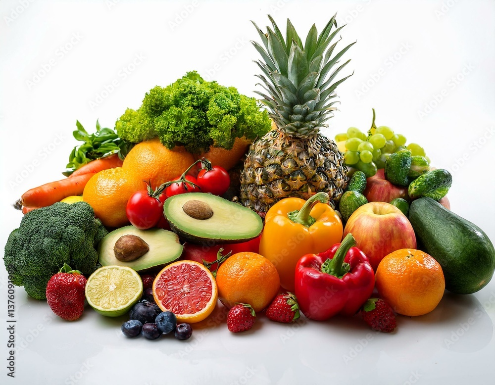 Group of fresh fruits and vegetables isolated on white background, Group of fresh fruits and vegetables isolated on white background,