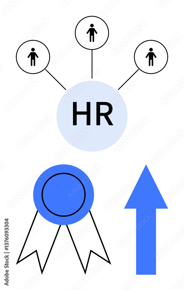 Obraz premium HR hub connecting individuals, award ribbon for recognition, and upward arrow reflecting growth. Ideal for human resources, leadership, team management, success, workforce engagement, career