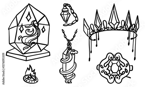 set snake, haze, ring, crown, brooch of doodle-style magic tools. Monochrome. Suitable for fantasy projects, books, games, and artwork related to magic, alchemy, and mystical rituals.