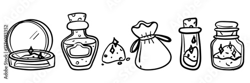 set bag, dust, jar, magic sand, poisons of doodle-style magic tools. Monochrome. Suitable for fantasy projects, books, games, and artwork related to magic, alchemy, and mystical rituals.