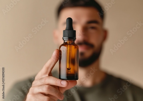 Holding Small Amber Dropper Bottle by Man for Wellness and Skincare