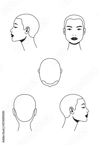 Isolated black and white female heads in different projections. Hair growth lines