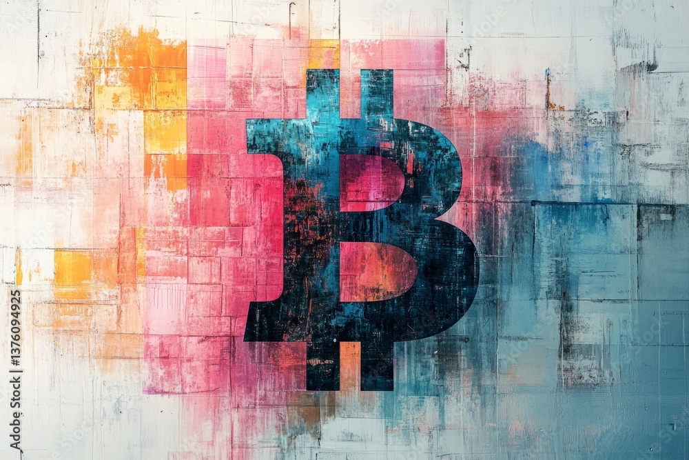 Bitcoin symbol is painted on a vibrant and textured wall, symbolizing the growing presence of cryptocurrency in the financial world Bitcoin symbol is painted on a vibrant and textured wall, symbolizing the growing presence of cryptocurrency in the financial world
