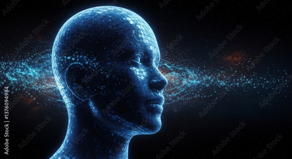 Fototapeta premium Futuristic artificial intelligence concept with digital human head in cyberspace