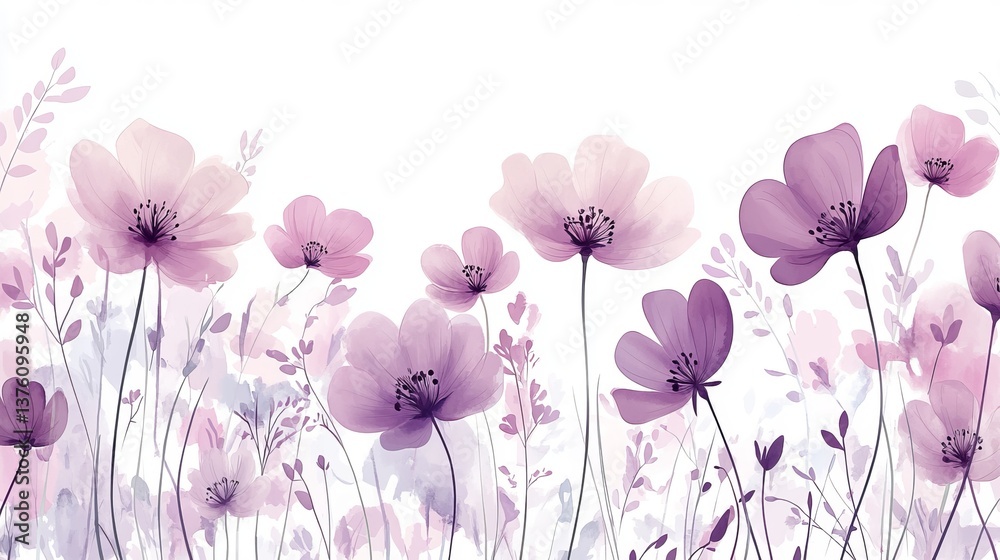 Fototapeta premium Gentle Lavender Watercolor Wildflowers, Minimalist Illustration, Pastel Floral Background