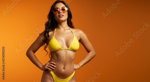 Confident woman in yellow bikini and sunglasses posing against orange background for summer fashion inspiration © AlfaSmart