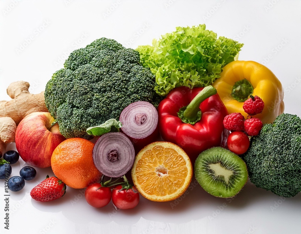 Healthy food isolated on white background. Different fruits and vegetables. Top view. 