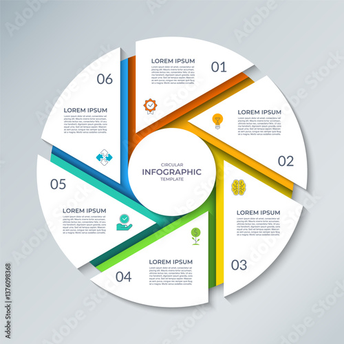 Vector infographic circle. Cycle diagram with 6 steps. Round chart that can be used for report, business analytics, educational resources, marketing materials, visualizing data, presentations.