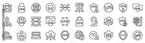 Set of 30 outline icons related to vpn. Linear icon collection. Editable stroke. Vector illustration