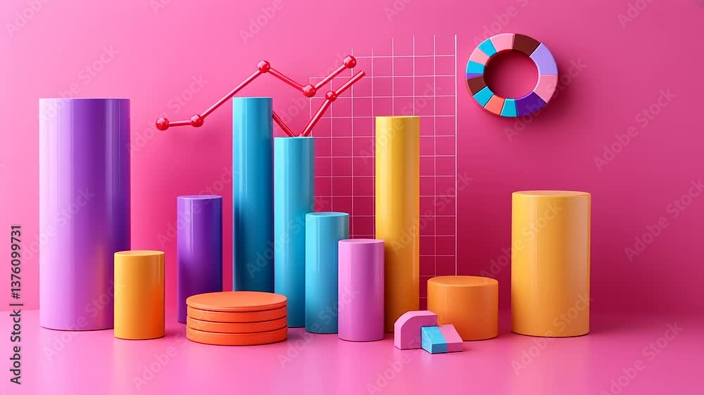 Colorful abstract representation of data analysis with graphs and charts against a vibrant pink background