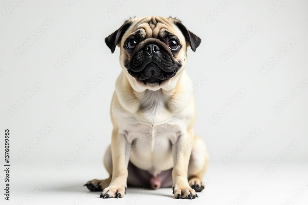 Adorable pug dog sits alone against white background, brown pug, isolated pet Adorable pug dog sits alone against white background, brown pug, isolated pet