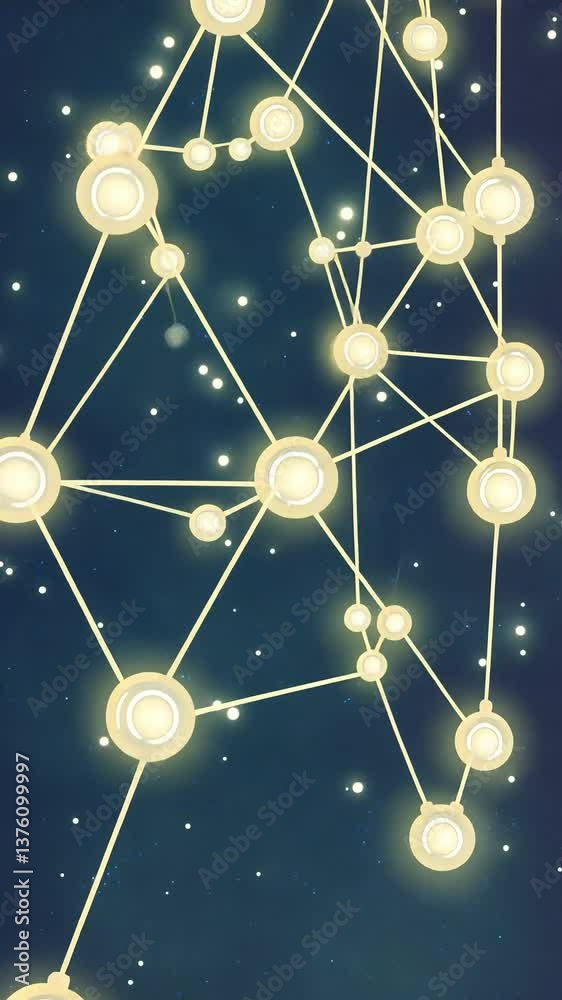 Interconnected network of glowing nodes on a starry backdrop. Linear links form an abstract, celestial pattern