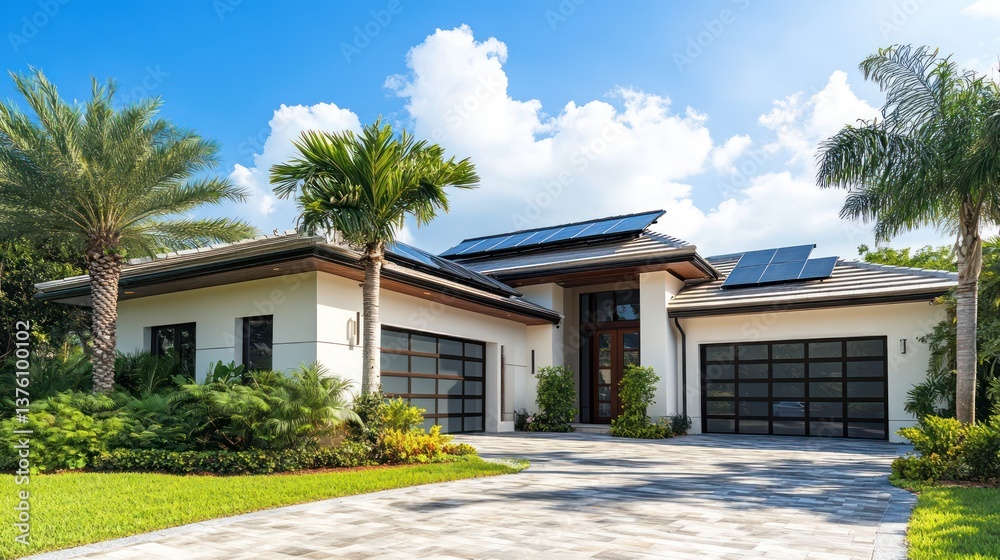 Fototapeta premium Modern residential home with solar panels tropical landscape exterior photography bright daylight contemporary design