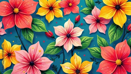 Bold, vibrant floral pattern, ideal for summer promotions , advertising, summer