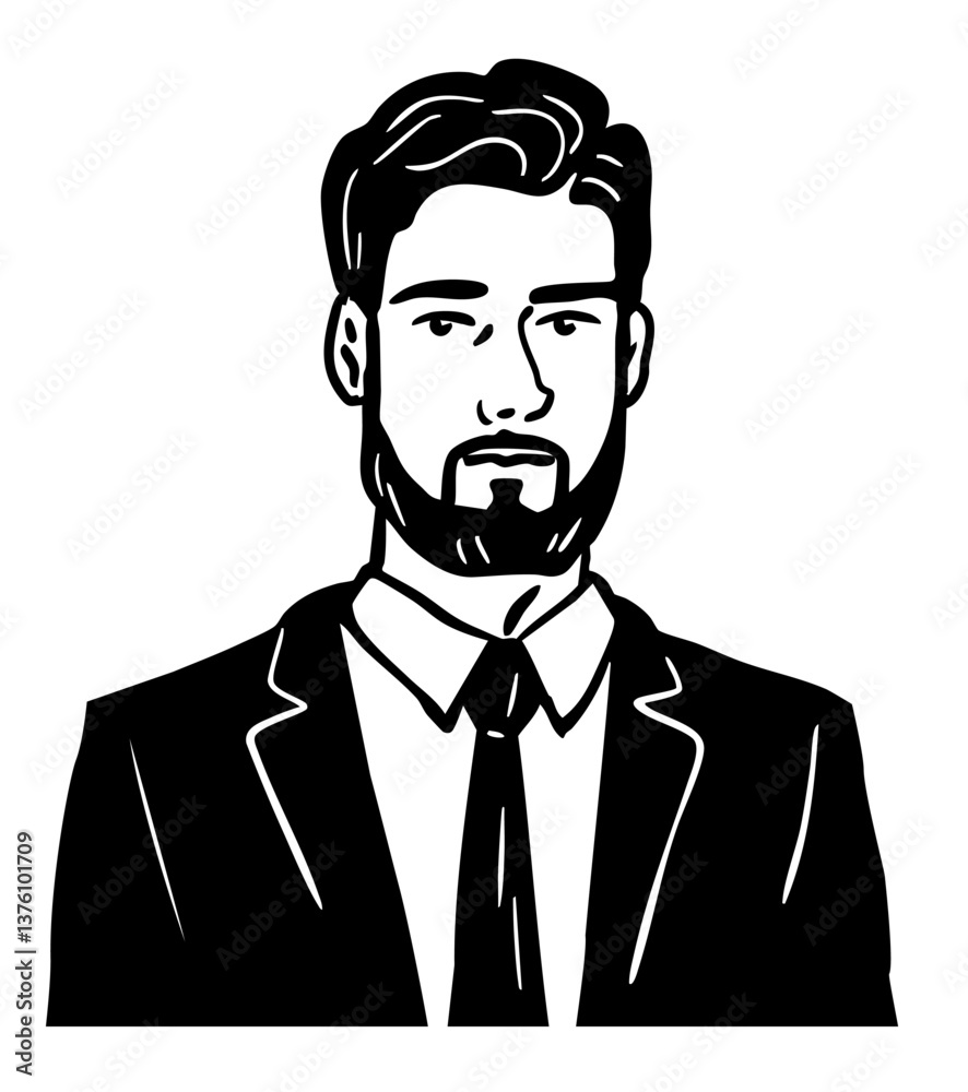 Portrait of a man in business clothes. Office colleagues. The face of a brunette with a beard. Vector art illustration. Black and white hand drawn sketch Portrait of a man in business clothes. Office colleagues. The face of a brunette with a beard. Vector art illustration. Black and white hand drawn sketch