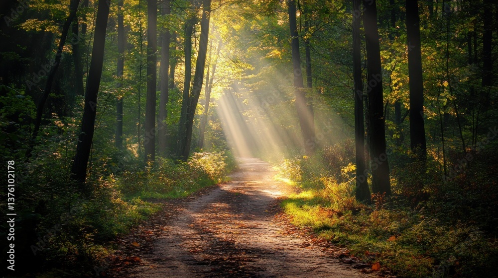 Naklejka premium Sunbeams through forest path