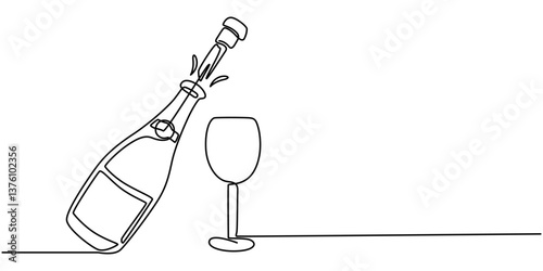One continuous line of  hand-drawn glasses of wine cheering isolated on a white background, A simple, continuous line drawing of a wine bottle and glass. The image shows the silhouette of a vermouth.
