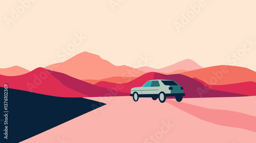 Vintage car driving on pink desert road
