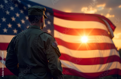 A silhouette of a soldier standing in front of an American flag during a dramatic sunset, symbolizing patriotism and service.