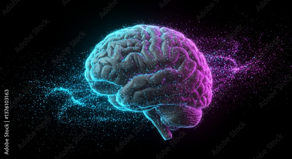 Futuristic digital brain concept with neon lights and particle effects for science and technology themes Futuristic digital brain concept with neon lights and particle effects for science and technology themes