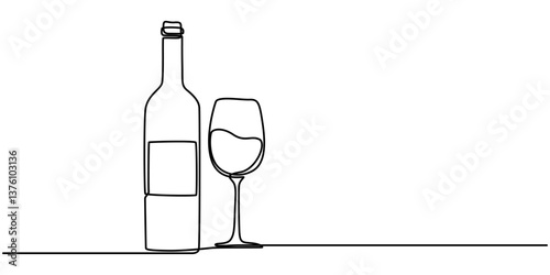 One continuous line of  hand-drawn glasses of wine cheering isolated on a white background, A simple, continuous line drawing of a wine bottle and glass. The image shows the silhouette of a vermouth.