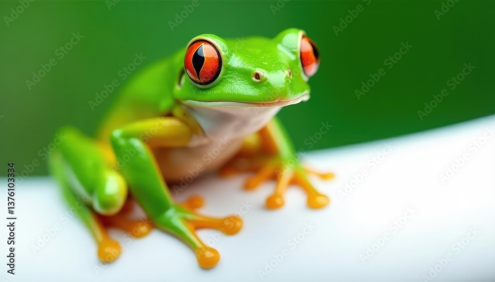 Obraz premium Green tree frog perched on white, vibrant skin, white, wildlife photography