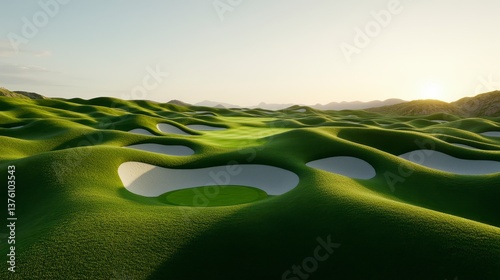 Undulating Green Golf Course at Sunset with Mountain Backdrop