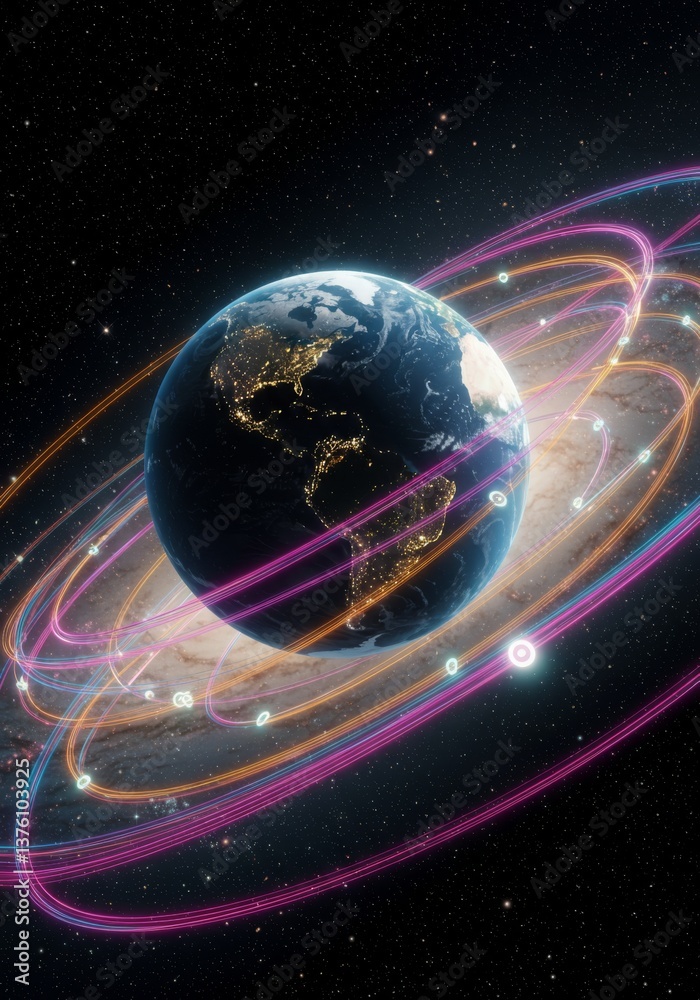 Obraz premium Planet earth with colorful rings in outer space - celestial visionary design for science and technology themes