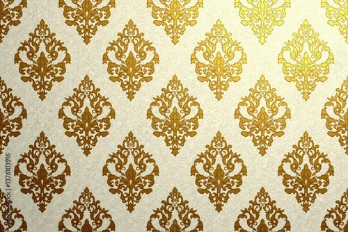 Intricate floral damask pattern in muted golds and creams , repeating, ornate