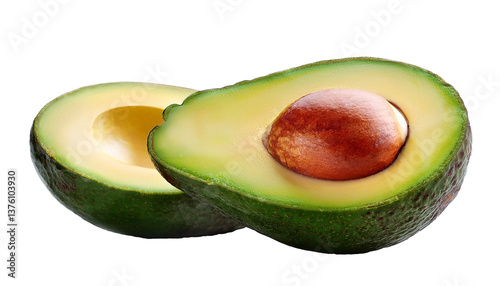 Two halves of fresh avocado floating with transparent background