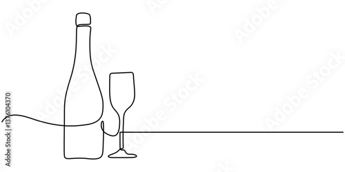 One continuous line of  hand-drawn glasses of wine cheering isolated on a white background, A simple, continuous line drawing of a wine bottle and glass. The image shows the silhouette of a vermouth.