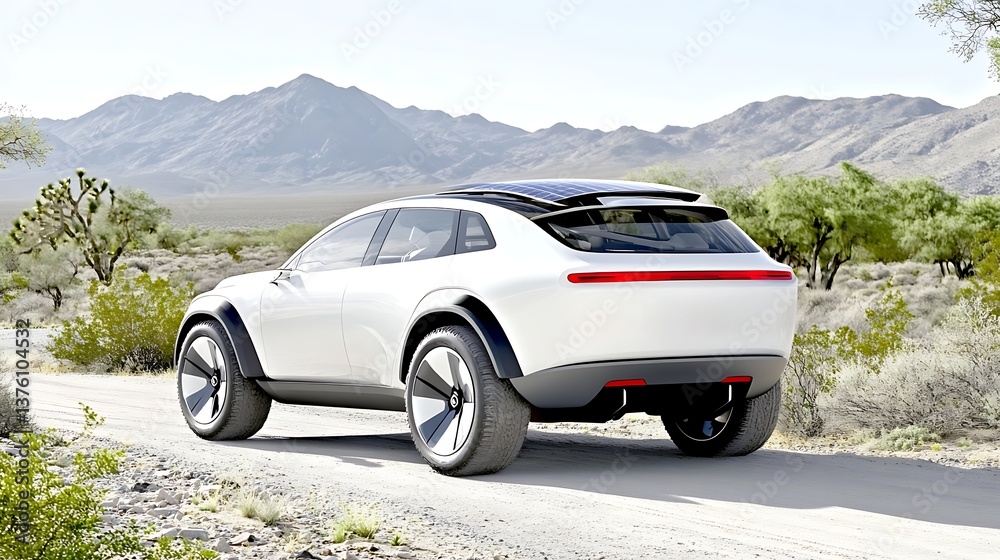 Fototapeta premium Futuristic Electric Vehicle Driving Through Expansive Desert Landscape with Mountain Backdrop