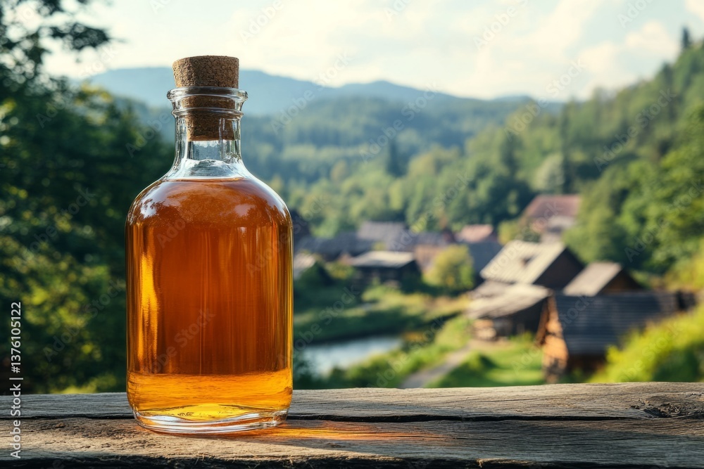 Glass bottle of alcoholic beverage sitting on rustic wooden surface with scenic village in background Glass bottle of alcoholic beverage sitting on rustic wooden surface with scenic village in background