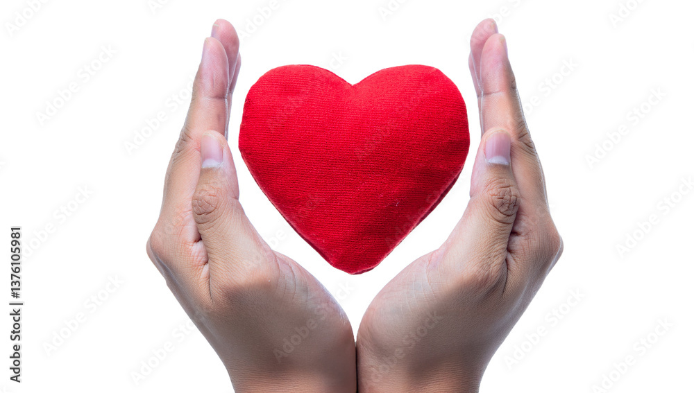 Obraz premium a pair of hands gently cradling a plush red heart, representing love, care, and support. The hands are cupped around the heart