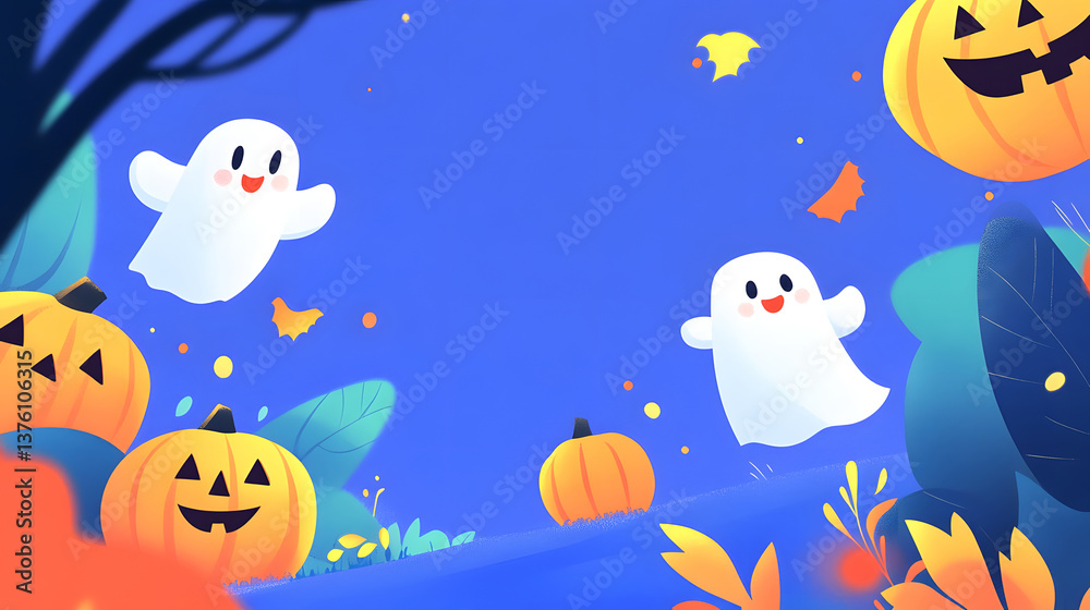 Obraz premium Halloween Ghost and Pumpkin Cartoon Illustration