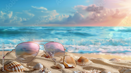 Aviator sunglasses on the sandy seashore with shells 