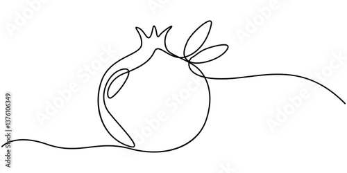 Vector illustration of a pomegranate. Drawing of a pomegranate with one continuous line, Pomegranate in Continuous single one line drawing.  One line drawing of fruit. Happy Shana Tova Fruit contour.