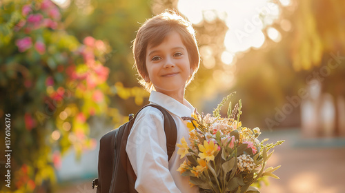 Boy with a bouquet of flowers and school backpack, Day of Knowledge 