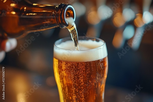 Wallpaper Mural Glass of cold beer with foam being filled from bottle in bar with blurred background Torontodigital.ca