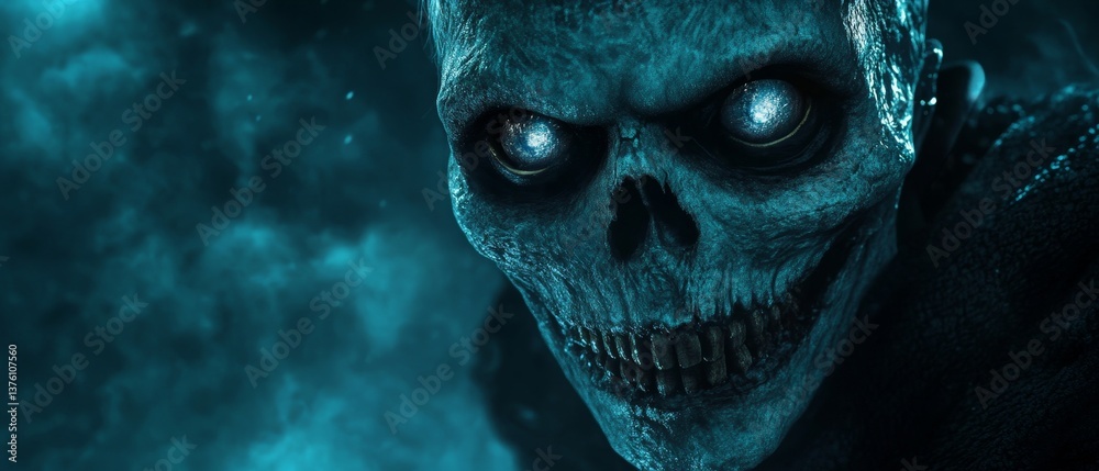 A blue skull with glowing eyes A blue skull with glowing eyes