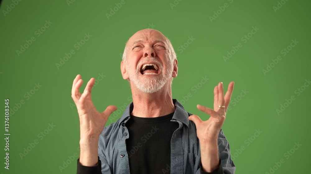 Mature man showcases various emotions while using expressive hand gestures against a solid green background, highlighting his lively personality and engagement. Mature man showcases various emotions while using expressive hand gestures against a solid green background, highlighting his lively personality and engagement.