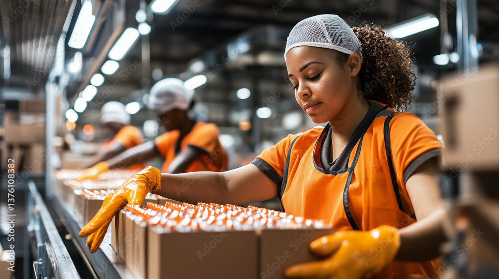 Employees place products on a moving conveyor, ready for shipment to a logistics hub.