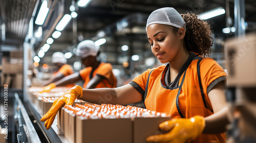 Obraz na płótnie Employees place products on a moving conveyor, ready for shipment to a logistics hub. w salonie