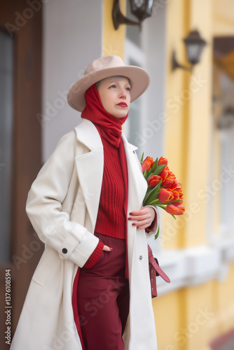 Young beautiful girl in early spring with tulips on the city street.
