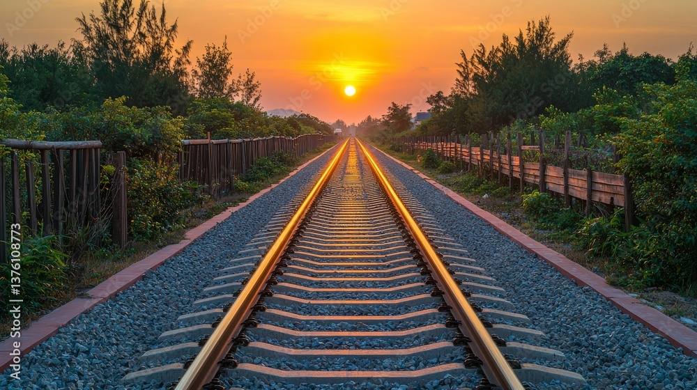 Fototapeta premium A serene landscape featuring railway tracks leading to a vibrant sunset